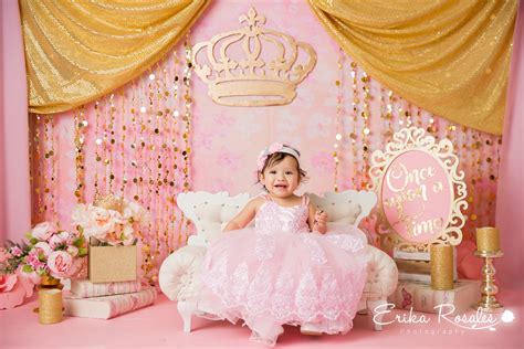 Pink And Golden Princess Smash Cake Birthday Baby Girl Studio Photo