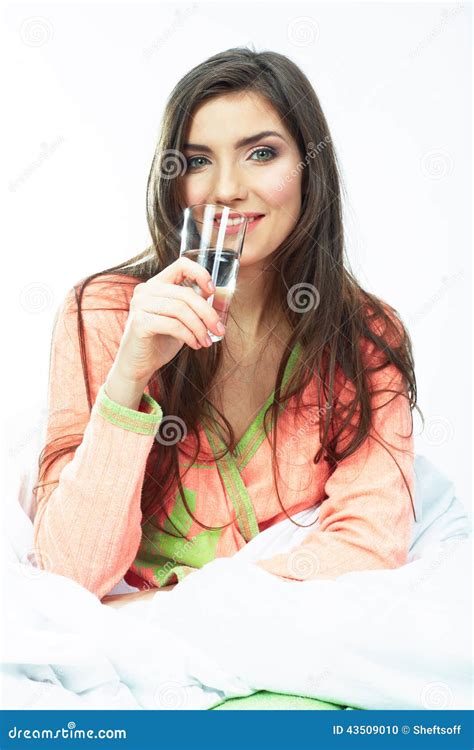 Woman Drink Water Seating In Bed Stock Photo Image Of Happiness Hold