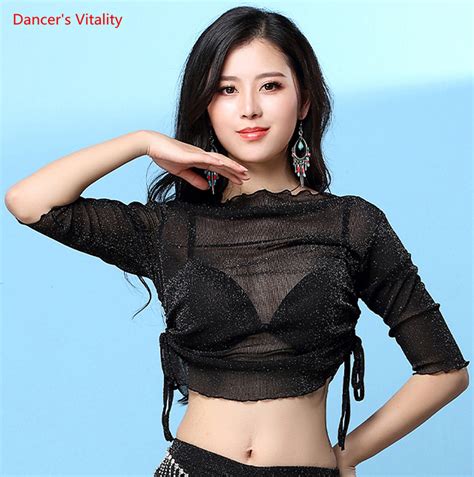 Professional Bellydance Half Sleeve Perspective Gauze Sexy Belly Dance Top For Womenfemale