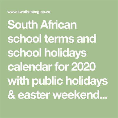 South African School Terms And School Holidays Calendar For 2020 With
