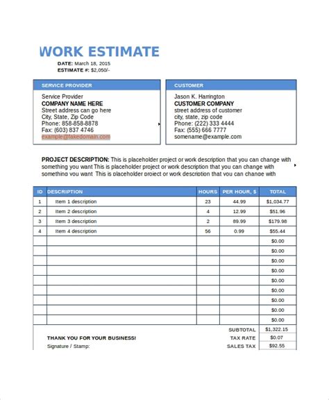 Work Estimate Template Excel