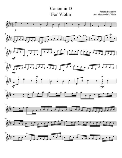 Canon In D For Violin Sheet Music