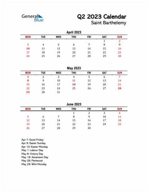 2023 Q2 Calendar With Holidays List For Saint Barthelemy