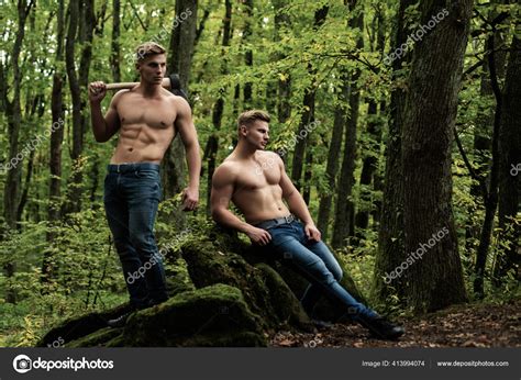 Topless Shirtless Male Models And Jeans Pants Naked Summer Men Full Length Nature Outside