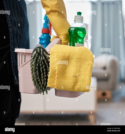Productos De Limpieza Productos Químicos Y Canasta Con Una Mujer En El Salón Para Limpiar
