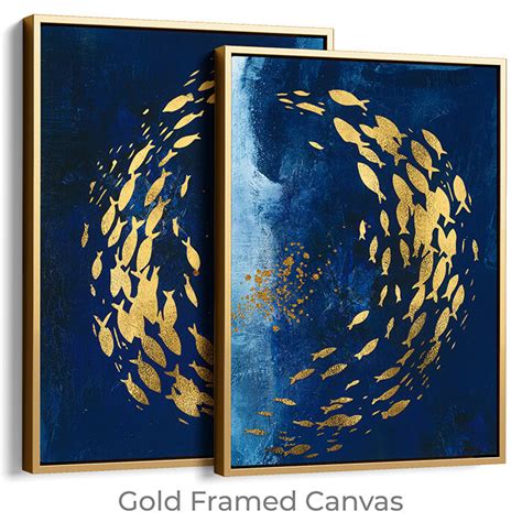 Abstract Wall Art Set Of 2 Navy Blue And Gold Large Canvas Prints For