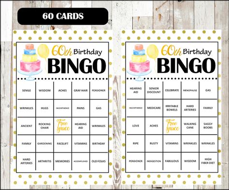 60th Birthday Party Bingo Game 60 Different Cards Old Age Etsy