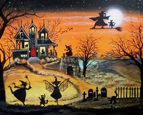 Folk Art Halloween Print Whimsical Witches Witches Etsy