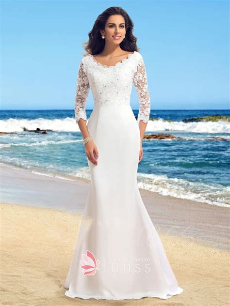 25 wedding dresses that are perfect for a beach bride. Beaded White Lace Trumpet Long Sleeve Wedding Dress - Lunss