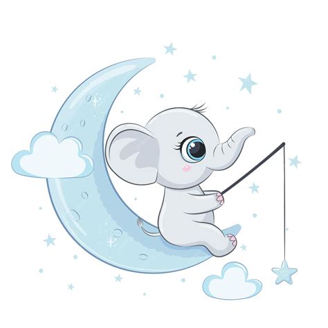 Lindo Bebé Elefante Con Luna Y Estrellas Ilustración Vectorial