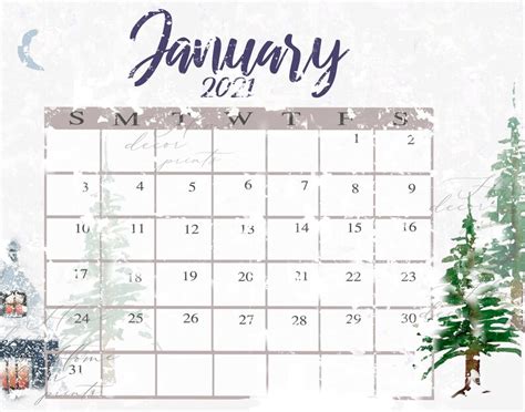 Snowy January 2021 Calendar Printable Calendar Seasonal Etsy