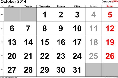 Calendar October 2014 Uk With Excel Word And Pdf Templates