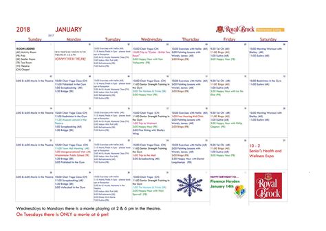 Check upcoming special islamic days dates in the gregorian calendar 2018. January 2018 Activity Calendar - Wellness! | Royal Brock ...