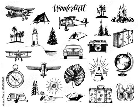Wanderlust Hand Lettering In Vector Travel Icons Set Drawn