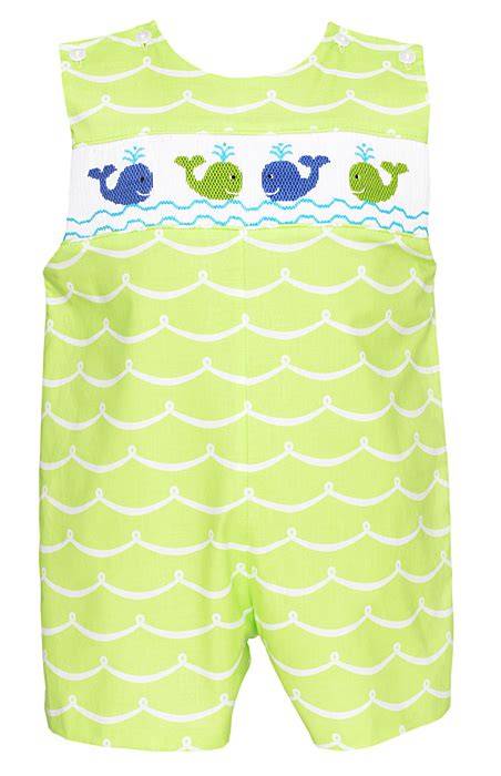Anavini Baby Toddler Boys Lime Green Waves Smocked Whales Shortall