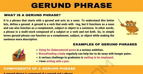 As you read these examples of gerunds, notice the verbs they contain, and notice that every single one of them ends in ing. Gerund Phrase: Definition, Components And Examples Of ...