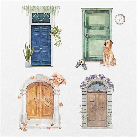 Seasonal Aesthetic Doors Clipart Architecture Illustration Set Psd