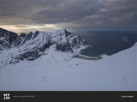 Winter View Over Snow Covered Horseid Beach From Branntuva Mountain