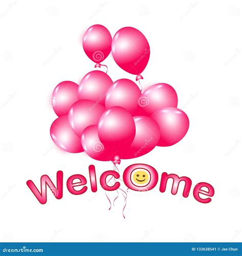 Welcome Word With Smiling Face Emoji And Set Of Pink Balloon