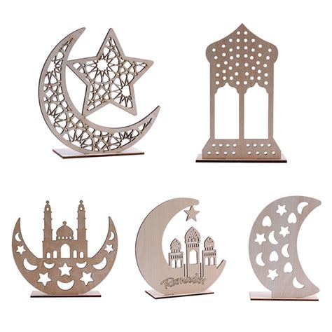 5pcs Eid Mubarak Ramadan Wooden Plaque Ornament Moon Star Blessing Word