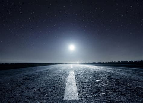 Nature Landscape Starry Night Moon Road Asphalt