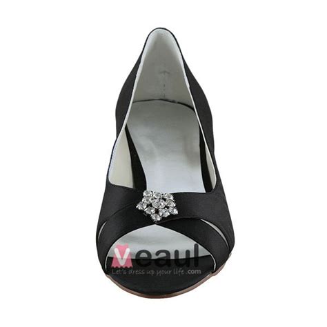 Chic Peep Toe Black Satin Kitten Heels Pumps Wedding Shoes With Rhinestone