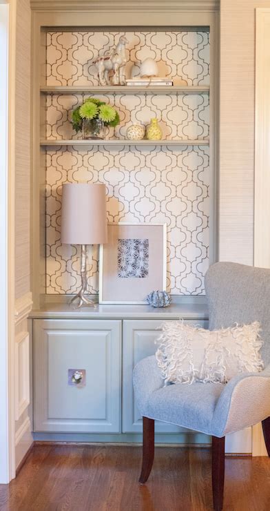 Wallpapered Bookcase Contemporary Living Room Lucy And Company