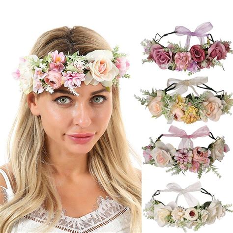 Boho Flower Bow Tie Headband Hair Wreath Halo Floral Garland Crown For