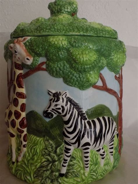 African Jungle 3 D Ceramic Cookie Jar Hand Painted Elephant Giraffe