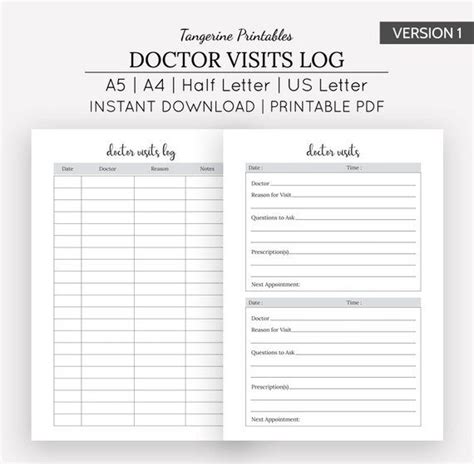 Doctor Visits Doctor Visits Log A5 A4 Us Letter Half Etsy Doctor