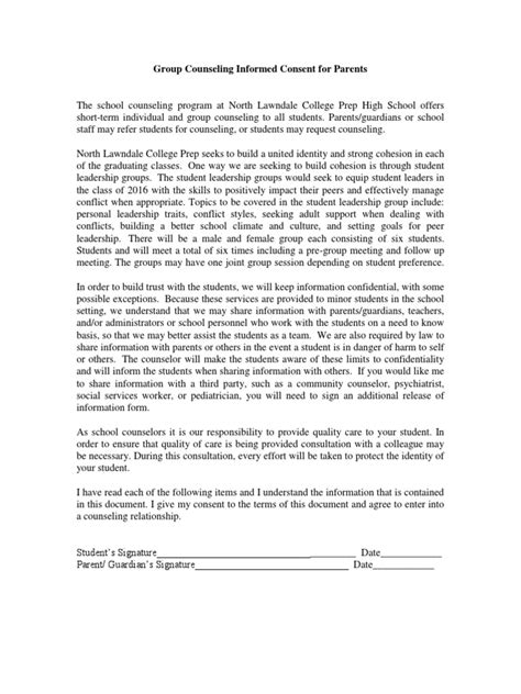 Group Counseling Informed Consent For Parents Pdf School Counselor