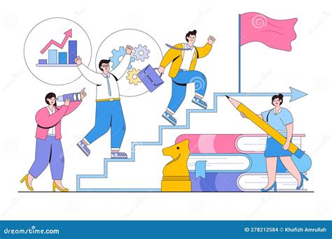Vector Illustration Of Businessman Running Up The Stairs To The Goal