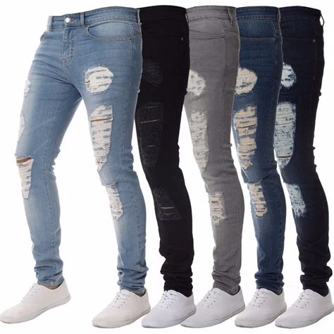 Mens Casual Skinny Jeans Pants Men Solid Black Ripped Jeans Men Ripped