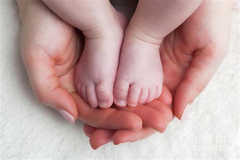 Newborn Baby Feet In Mothers Hands Child Care Feeling Safe Protect