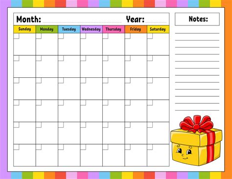 Blank Calendar Template For One Month Without Dates Colorful Design