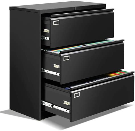 Black 3 Drawer Lateral File Cabinet With Lock Metal Lateral Filing