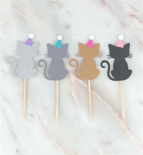 Kitty Cat Birthday Hat Cupcake Toppers 12 Cat Theme Etsy