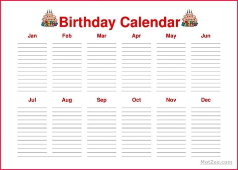 Birthday Calendar Template Birthday Reminder