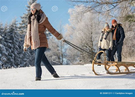 Young Woman Pulling Winter Sledge Snow Countryside Stock Image Image
