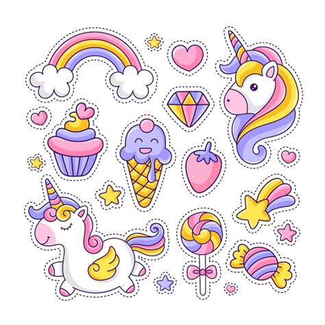 Colorful Cute Unicorn And Desserts Sticker Pack Premium Vector
