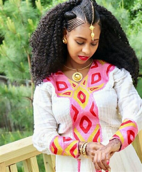 Clipkulture Ethiopian Beauty In Habesha Kemis Dress Gold Jewelry And Albaso Braids
