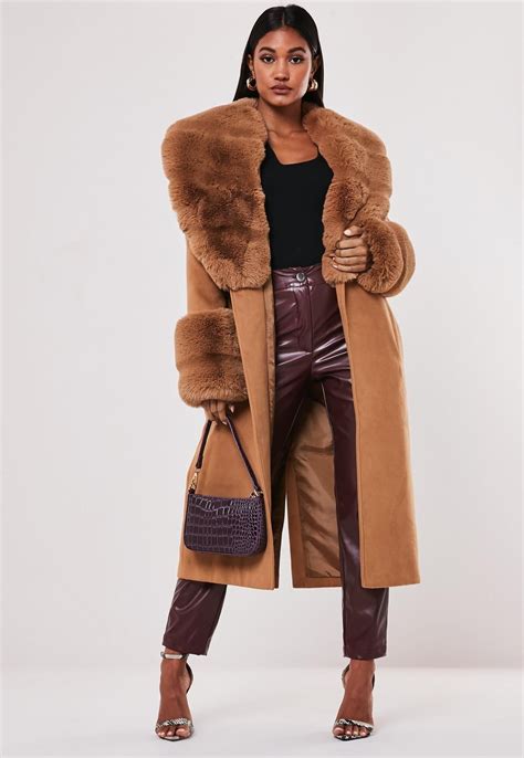 tan pelted faux fur collar cuff coat missguided womens faux fur coat coat coats jackets women