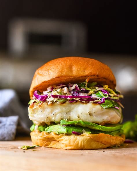 Halibut Burger With Spicy Brussels Slaw Nourish Deliciously