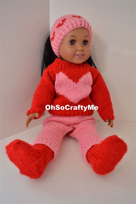 Hand Knitted Pink Heart Sweater Outfit For 18 Inch Dolls Heart
