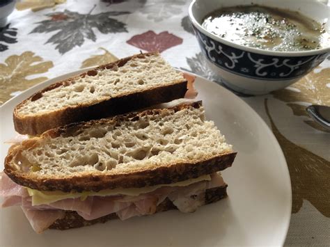 The sourdough adds a very unique taste as opposed to plain white bread. Simple ham and Swiss w brown mustard on homemade sourdough. FO soup on side : eatsandwiches