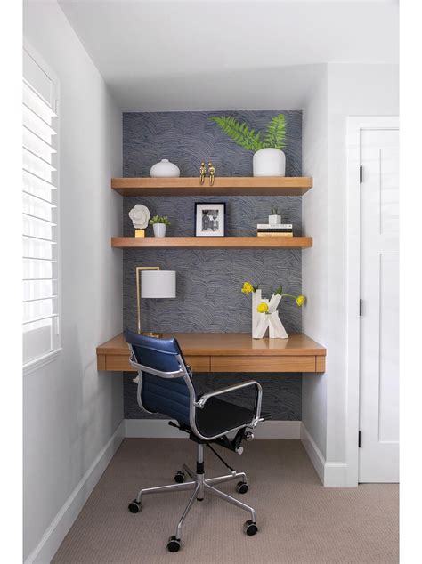 Modern Workspace In Niche With Floating Desk Shelves And Blue