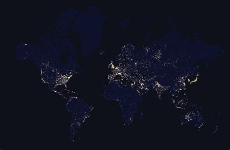 Detailed Night Map Of The World With Lights Cities Stock Illustration