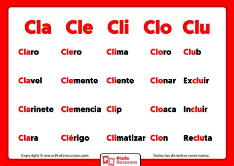 Palabras Con Cla Cle Cli Clo Clu