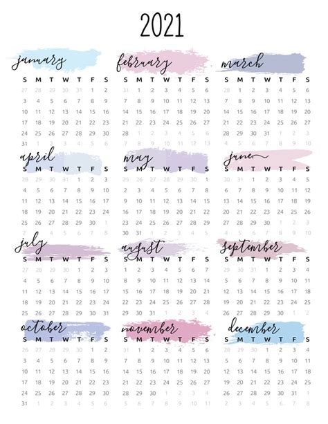 Watercolor One Page 2021 Calendar World Of Printables Calendar