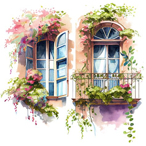 Free Floral Balconies Watercolor Clipart Ai Generative 23400431 Png